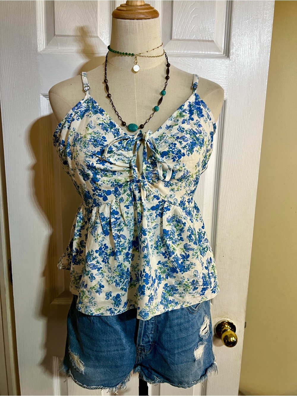 Midnight Sky Wms Blue Floral Cotton Linen V Neck Boho Babydoll Sleeveless Top L